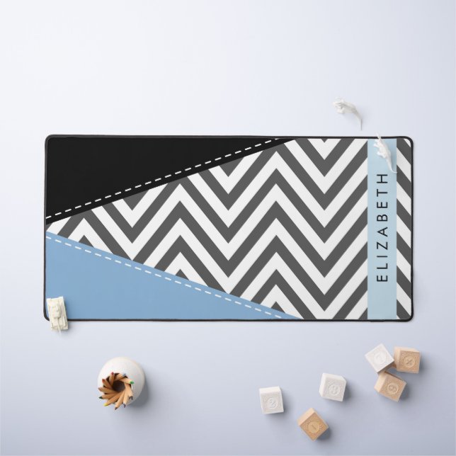 Grey Zigzag, Grey Chevron, Blue, Your Name Desk Mat (Kids Table)