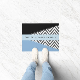 Grey Zigzag, Grey Chevron, Blue, Your Name Doormat