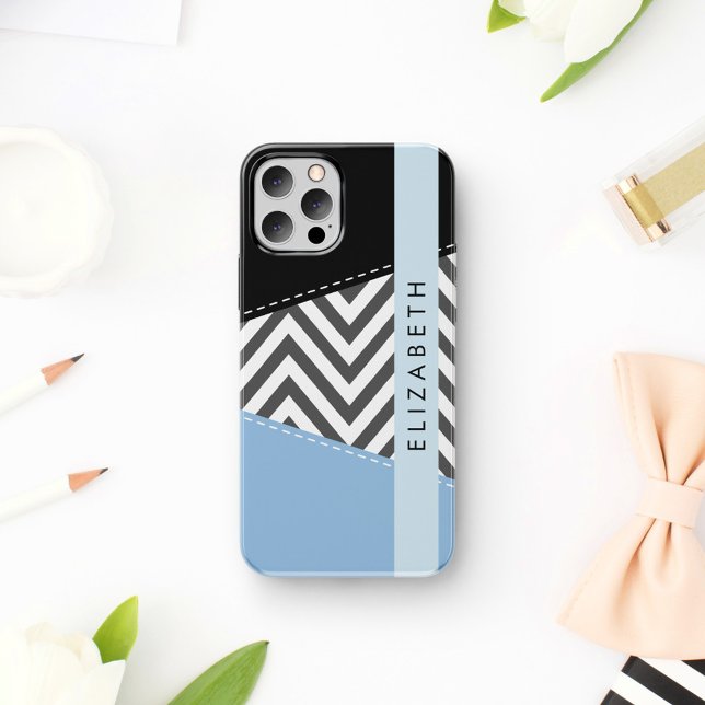 Grey Zigzag, Grey Chevron, Blue, Your Name iPhone 16 Case (Creator Uploaded)