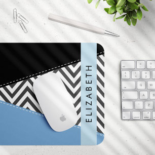 Grey Zigzag, Grey Chevron, Blue, Your Name Mouse Pad