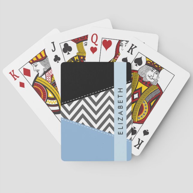Grey Zigzag, Grey Chevron, Blue, Your Name Playing Cards (Back)