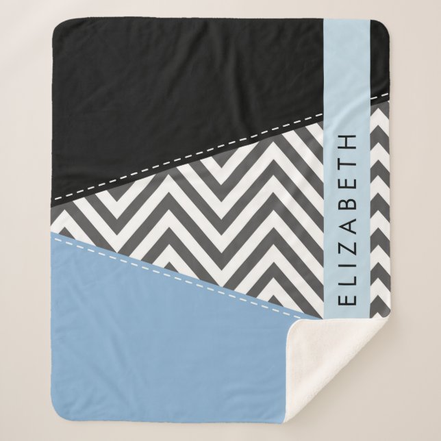 Grey Zigzag, Grey Chevron, Blue, Your Name Sherpa Blanket (Front)