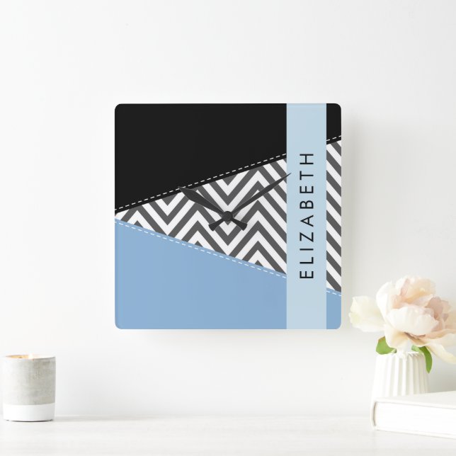 Grey Zigzag, Grey Chevron, Blue, Your Name Square Wall Clock (Home)