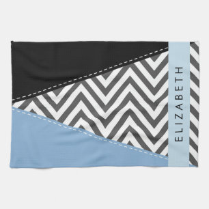 Grey Zigzag, Grey Chevron, Blue, Your Name Tea Towel