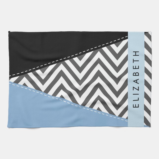 Grey Zigzag, Grey Chevron, Blue, Your Name Tea Towel (Horizontal)