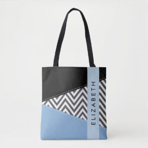 Grey Zigzag, Grey Chevron, Blue, Your Name Tote Bag