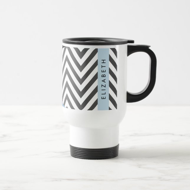 Grey Zigzag, Grey Chevron, Blue, Your Name Travel Mug (Right)