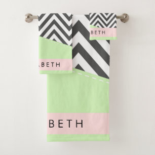 Grey Zigzag, Grey Chevron, Mint, Your Name Bath Towel Set