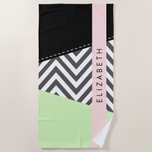 Grey Zigzag, Grey Chevron, Mint, Your Name Beach Towel