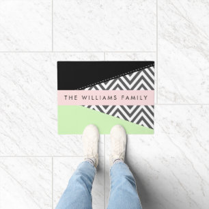 Grey Zigzag, Grey Chevron, Mint, Your Name Doormat