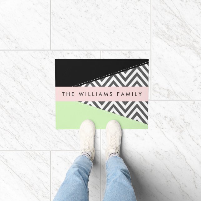 Grey Zigzag, Grey Chevron, Mint, Your Name Doormat (Indoor)