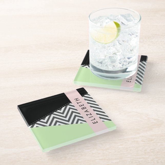 Grey Zigzag, Grey Chevron, Mint, Your Name Glass Coaster (Angled)