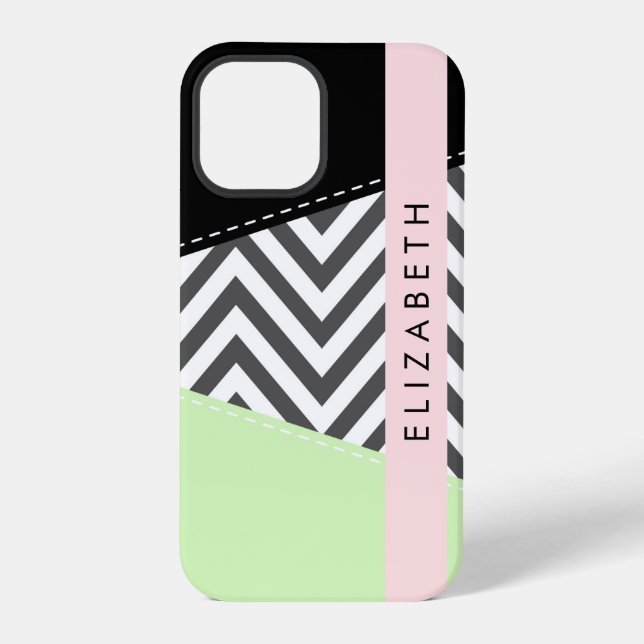 Grey Zigzag, Grey Chevron, Mint, Your Name iPhone Case (Back)