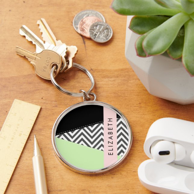 Grey Zigzag, Grey Chevron, Mint, Your Name Key Ring (Desk)