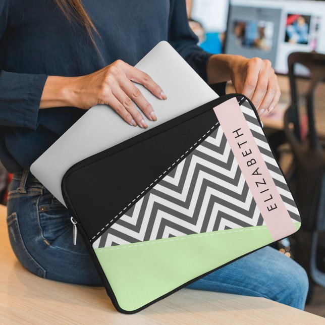 Grey Zigzag, Grey Chevron, Mint, Your Name Laptop Sleeve (Creator Uploaded)