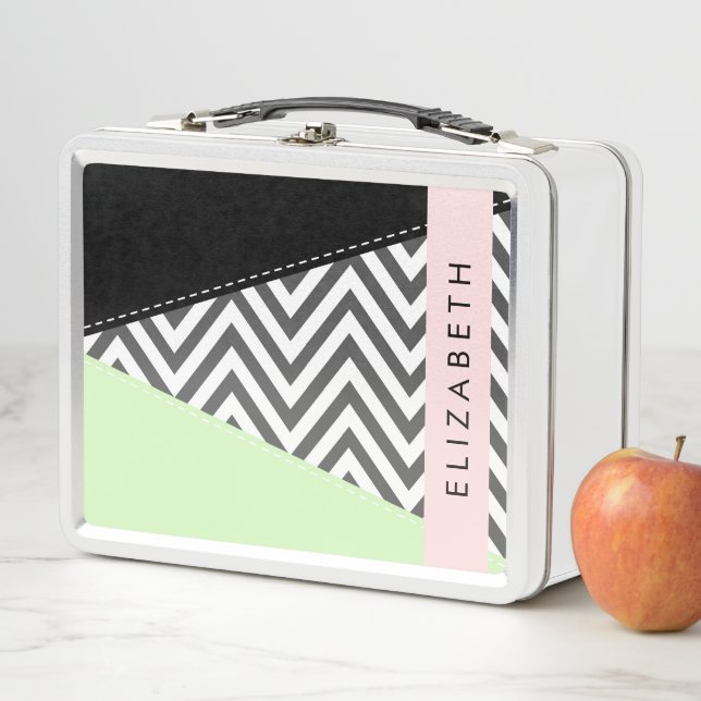 Grey Zigzag, Grey Chevron, Mint, Your Name Metal Lunch Box (In Situ)