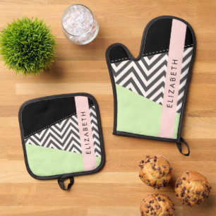 Grey Zigzag, Grey Chevron, Mint, Your Name Oven Mitt & Pot Holder Set