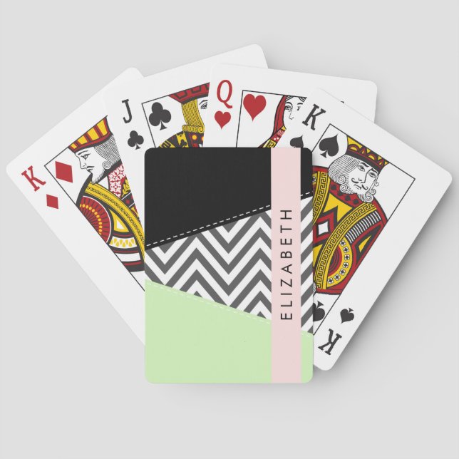 Grey Zigzag, Grey Chevron, Mint, Your Name Playing Cards (Back)