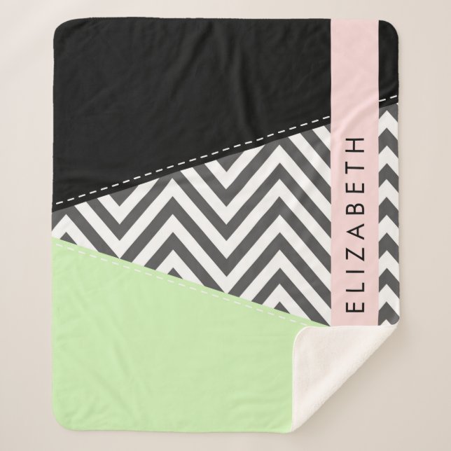 Grey Zigzag, Grey Chevron, Mint, Your Name Sherpa Blanket (Front)
