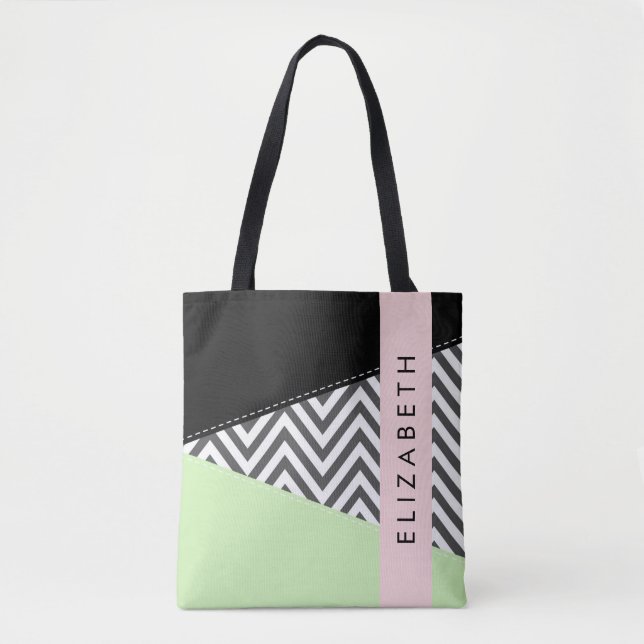 Grey Zigzag, Grey Chevron, Mint, Your Name Tote Bag (Front)