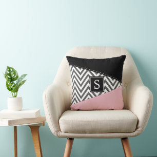 Grey Zigzag, Grey Chevron, Pink, Monogram Cushion
