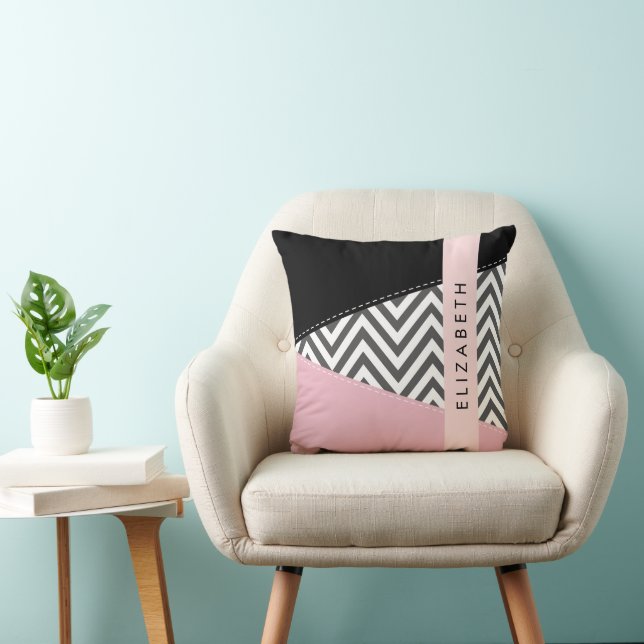 Grey Zigzag, Grey Chevron, Pink, Your Name Cushion (Chair)