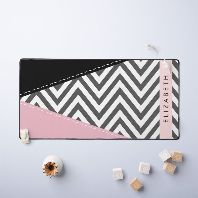 Grey Zigzag, Grey Chevron, Pink, Your Name Desk Mat (Kids Table)