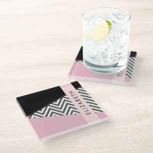 Grey Zigzag, Grey Chevron, Pink, Your Name Glass Coaster