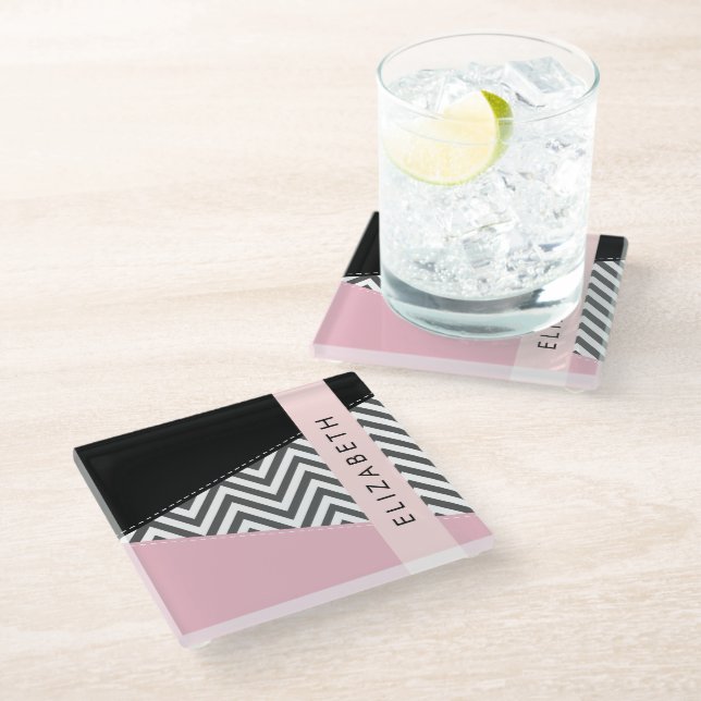 Grey Zigzag, Grey Chevron, Pink, Your Name Glass Coaster (Angled)