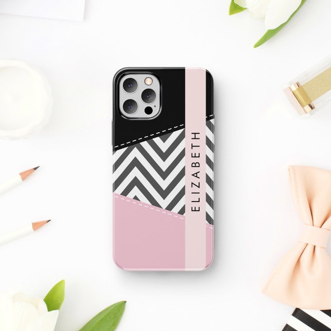 Grey Zigzag, Grey Chevron, Pink, Your Name iPhone 16 Case (Creator Uploaded)