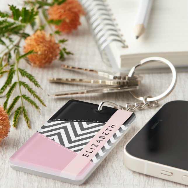 Grey Zigzag, Grey Chevron, Pink, Your Name Key Ring (Front Right)