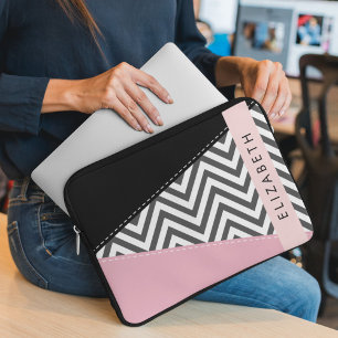 Grey Zigzag, Grey Chevron, Pink, Your Name Laptop Sleeve