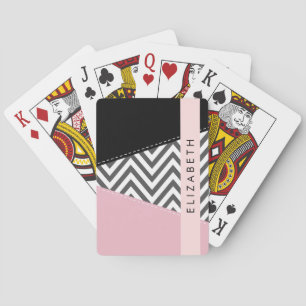 Grey Zigzag, Grey Chevron, Pink, Your Name Playing Cards