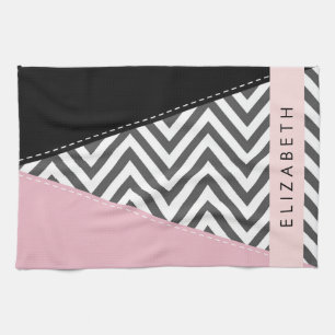 Grey Zigzag, Grey Chevron, Pink, Your Name Tea Towel