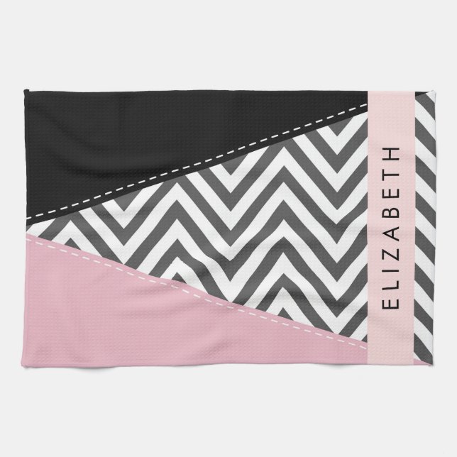 Grey Zigzag, Grey Chevron, Pink, Your Name Tea Towel (Horizontal)