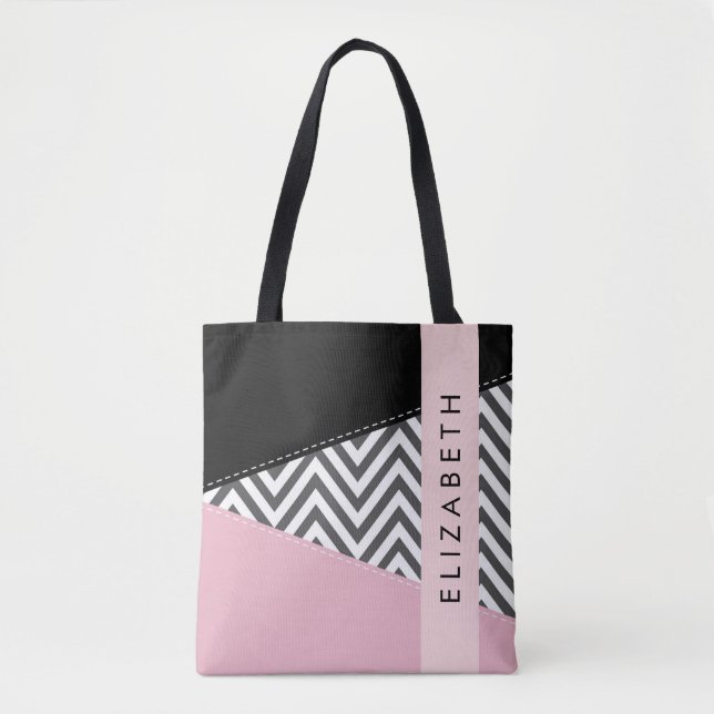 Grey Zigzag, Grey Chevron, Pink, Your Name Tote Bag (Front)