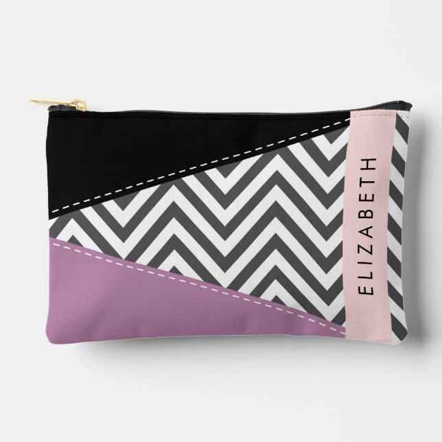 Grey Zigzag, Grey Chevron, Purple, Your Name Accessory Pouch (Front)