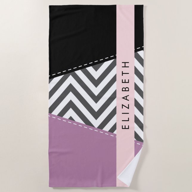 Grey Zigzag, Grey Chevron, Purple, Your Name Beach Towel (Front)