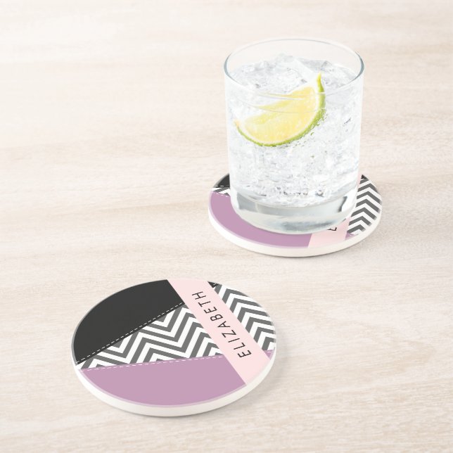Grey Zigzag, Grey Chevron, Purple, Your Name Coaster (Side)