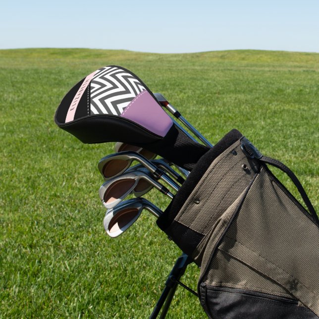 Grey Zigzag, Grey Chevron, Purple, Your Name Golf Head Cover (In Situ)