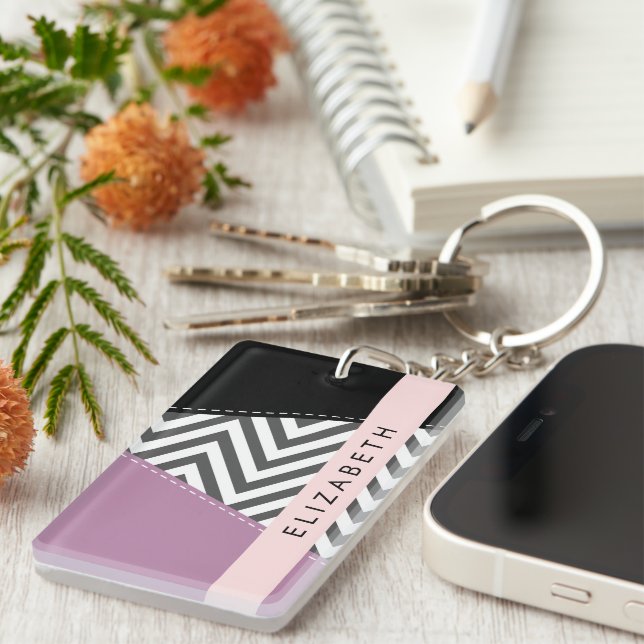 Grey Zigzag, Grey Chevron, Purple, Your Name Key Ring (Front Right)