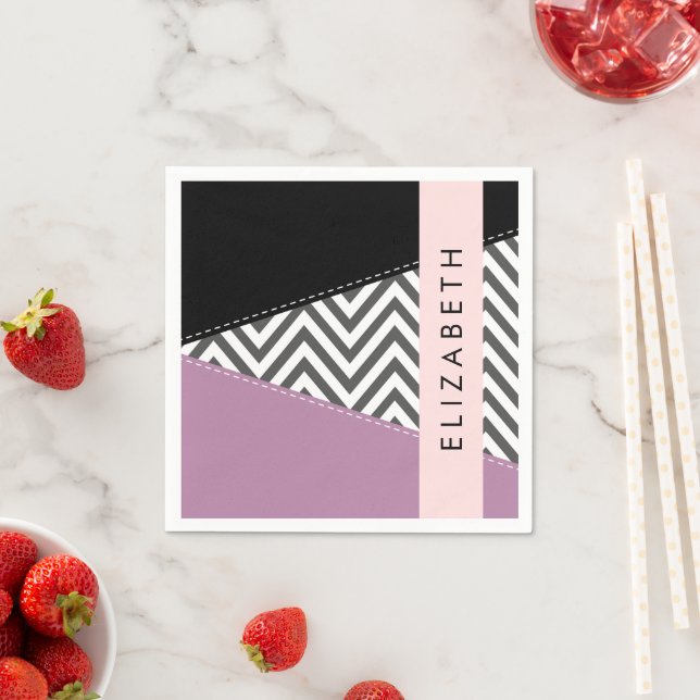 Grey Zigzag, Grey Chevron, Purple, Your Name Napkin (Insitu)