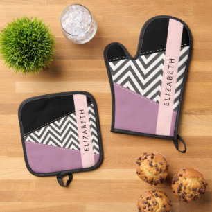 Grey Zigzag, Grey Chevron, Purple, Your Name Oven Mitt & Pot Holder Set