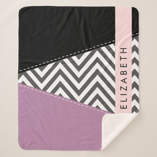 Grey Zigzag, Grey Chevron, Purple, Your Name Sherpa Blanket (Front)