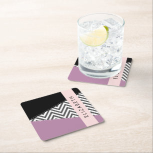 Grey Zigzag, Grey Chevron, Purple, Your Name Square Paper Coaster