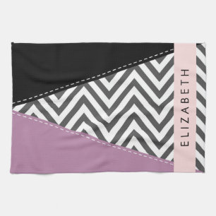 Grey Zigzag, Grey Chevron, Purple, Your Name Tea Towel