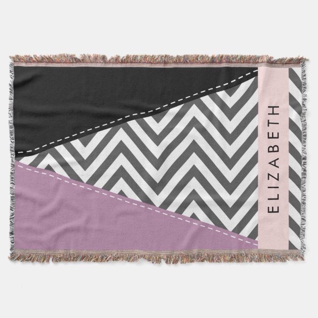 Grey Zigzag, Grey Chevron, Purple, Your Name Throw Blanket (Front)
