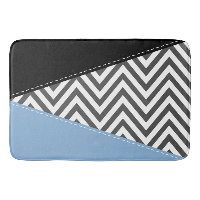 Grey Zigzag, Grey Chevron, Zigzag Pattern, Blue Bath Mat (Front)