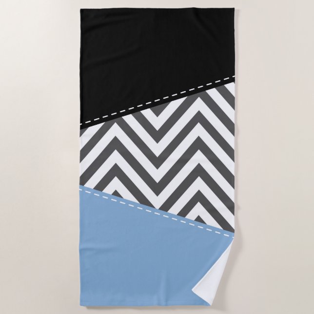 Grey Zigzag, Grey Chevron, Zigzag Pattern, Blue Beach Towel (Front)