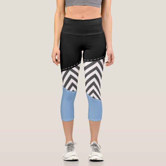 Grey Zigzag, Grey Chevron, Zigzag Pattern, Blue Capri Leggings (Front)